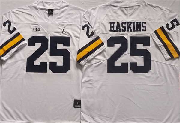 Mens Michigan Wolverines #25 HASKINS White Stitched Jersey->->NCAA Jersey